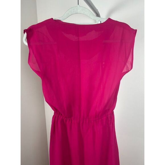 Vintage 80s Secretary Dress Womens Small Sheer Raspberry Necktie Shirtdress - Picture 5 of 5